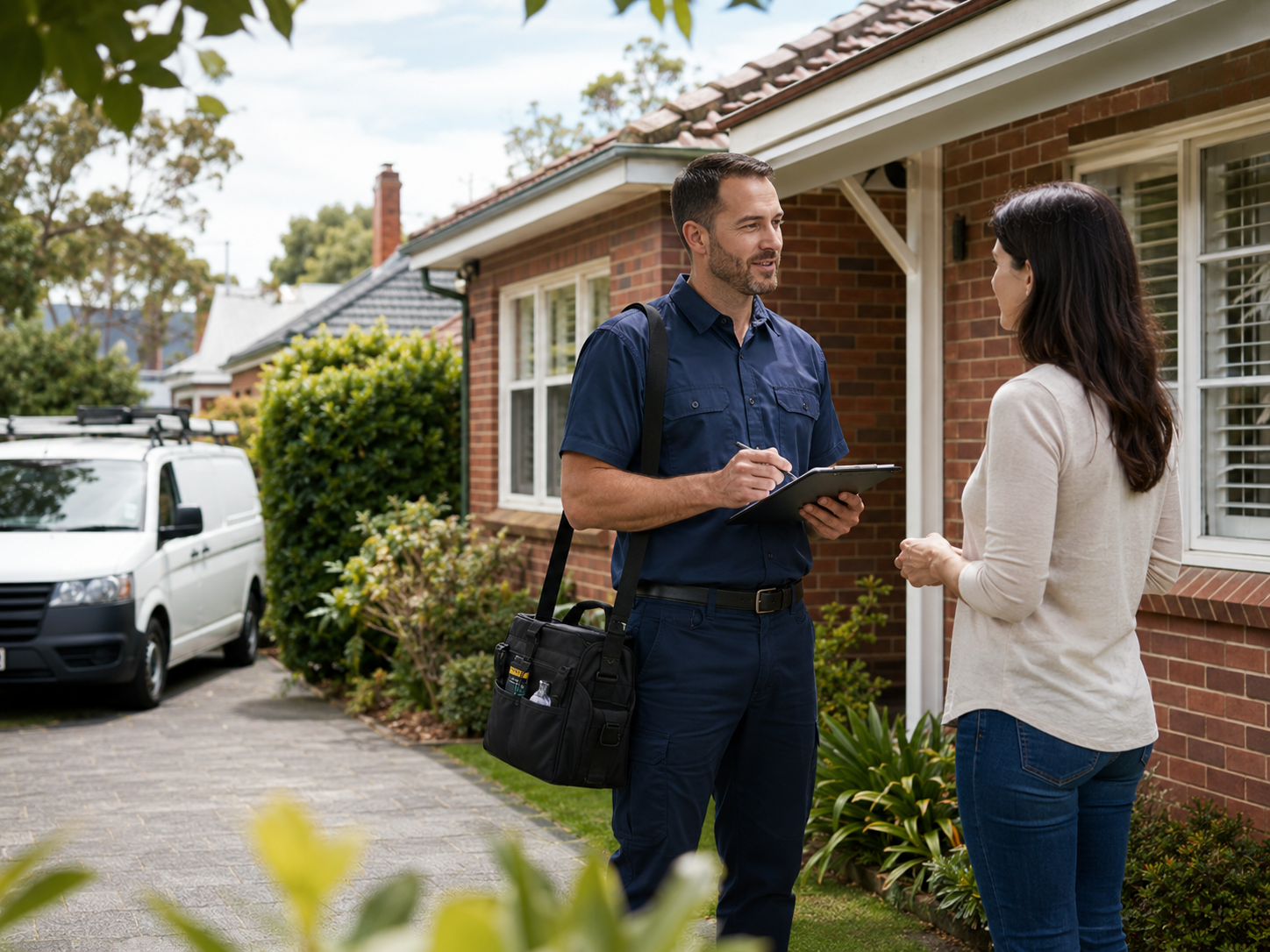 Pest-control technician speaking with a homeowner outside a Melbourne-style suburban property