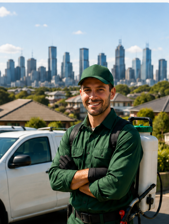 Pest-control technician with Melbourne skyline and suburban homes in the background